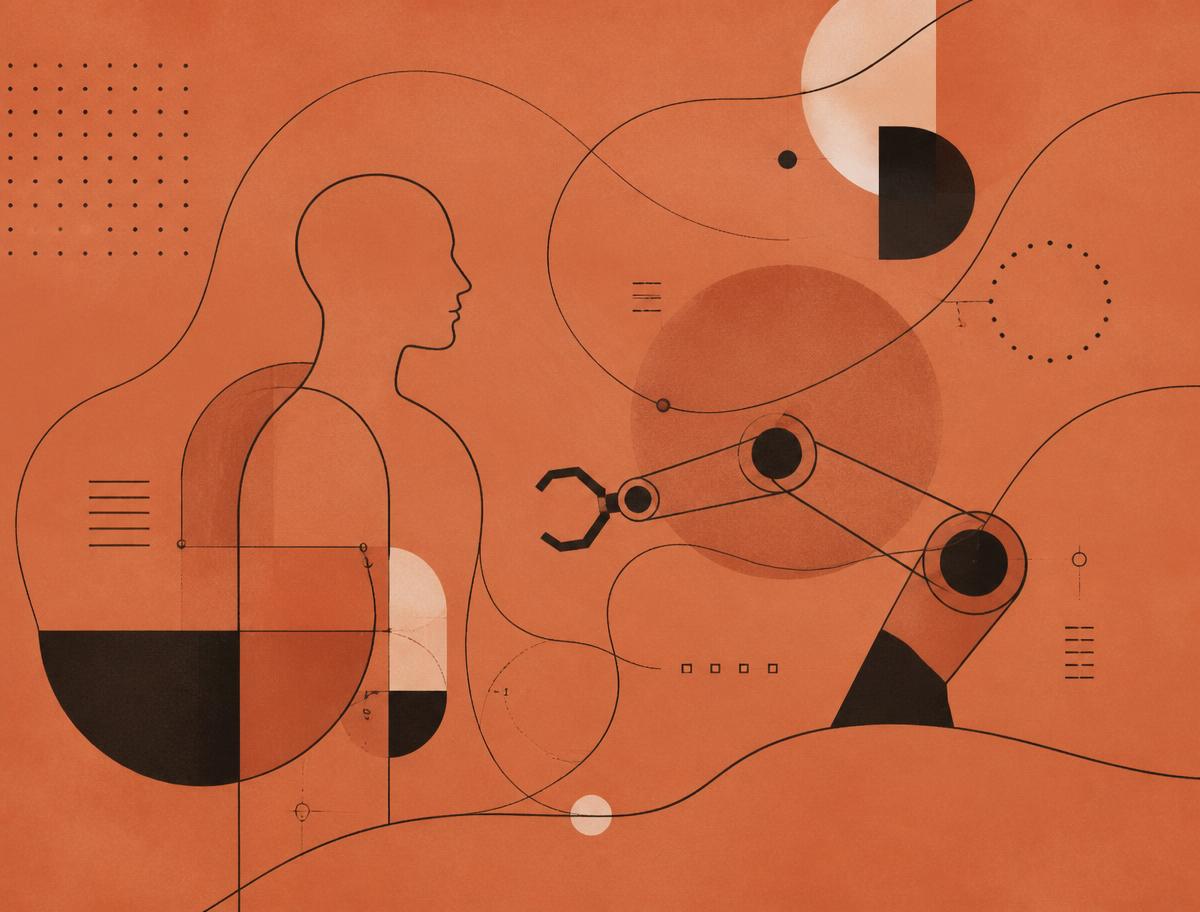 Abstract editorial illustration of human and machine interaction