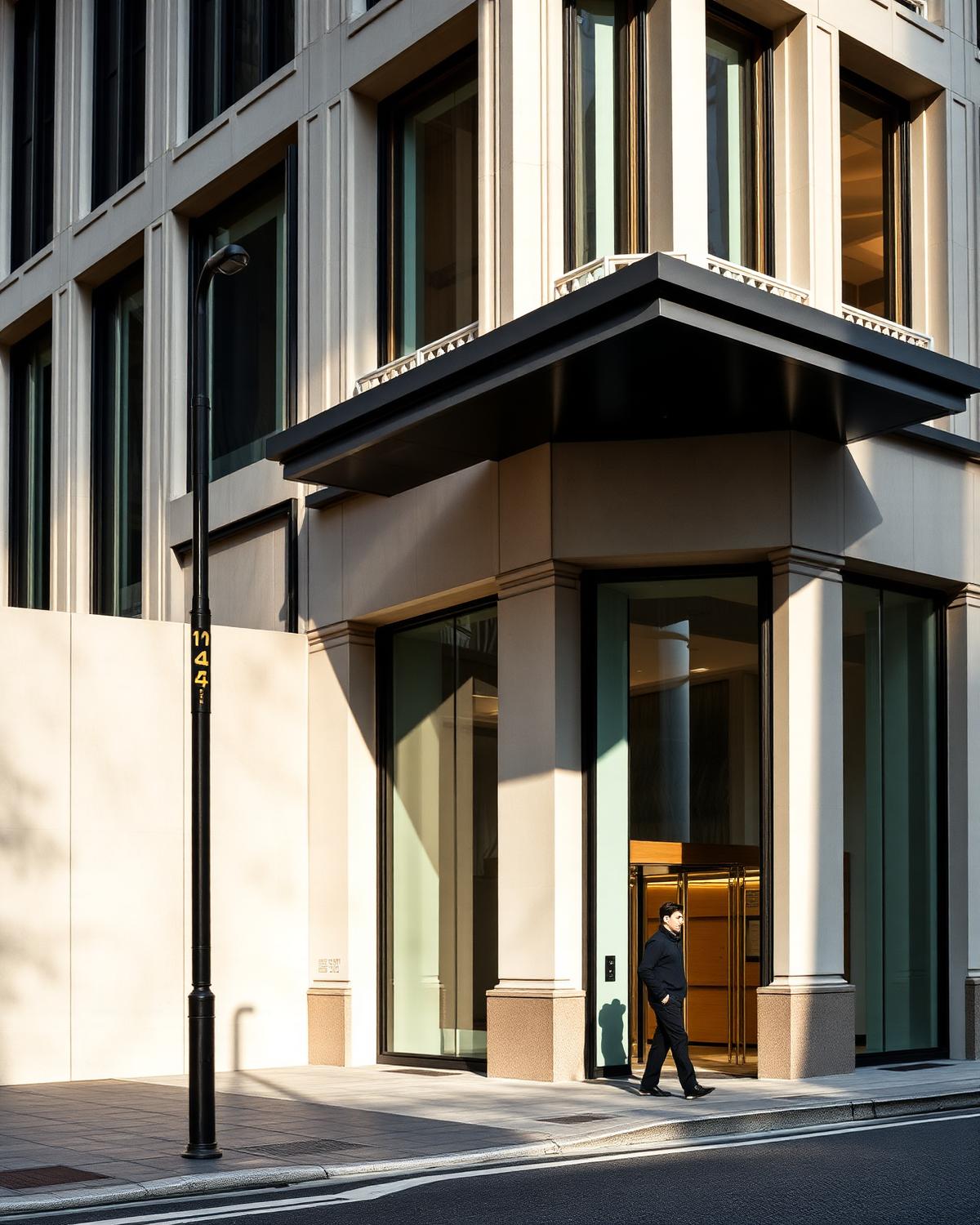 Financial district building facade in warm light