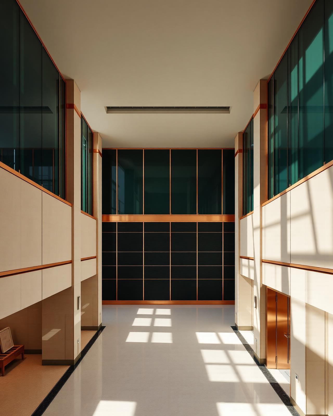Modern enterprise atrium with copper and green detailing