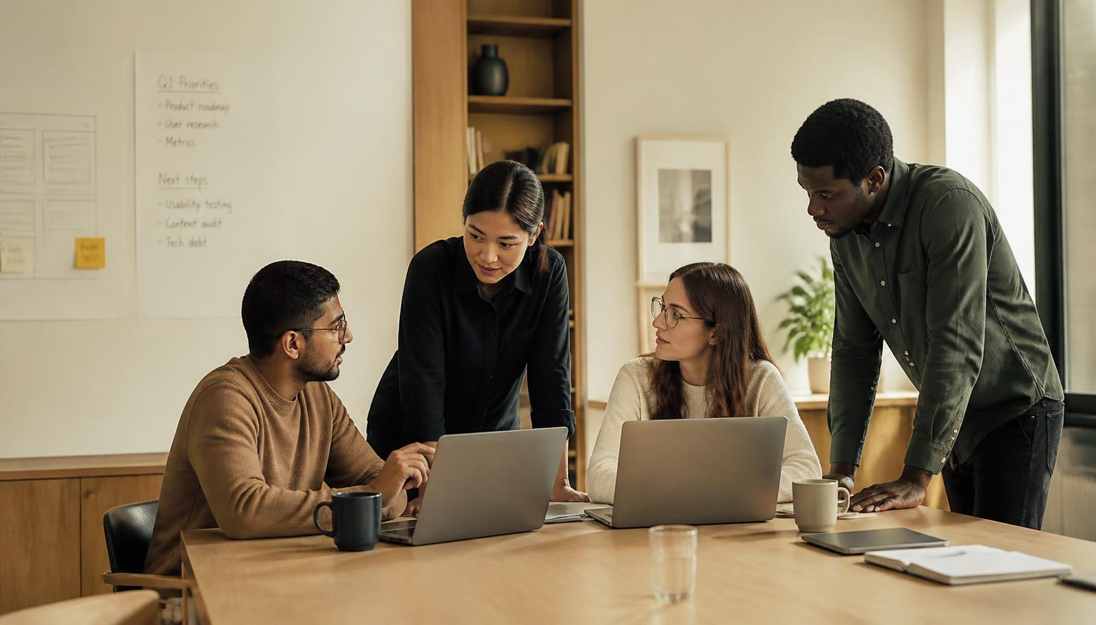 Technology professionals collaborating in a warm minimal office